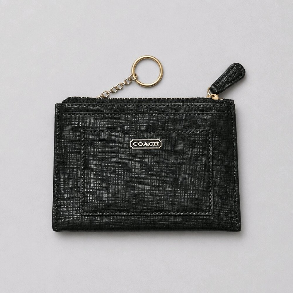 Coach Black Leather Card Case with Gold-Tone Key Ring Chain